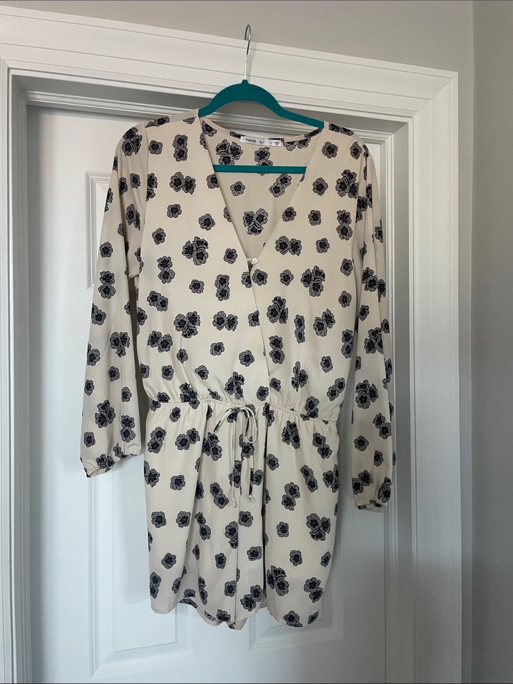 Ivory Floral Wrap-Style Long Sleeve Dress with Drawstring